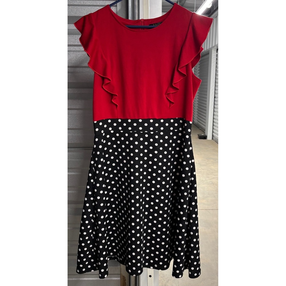 iHot Womens Red Ruffle Polka Dot Fit and Flare Dress XL Black White Retro